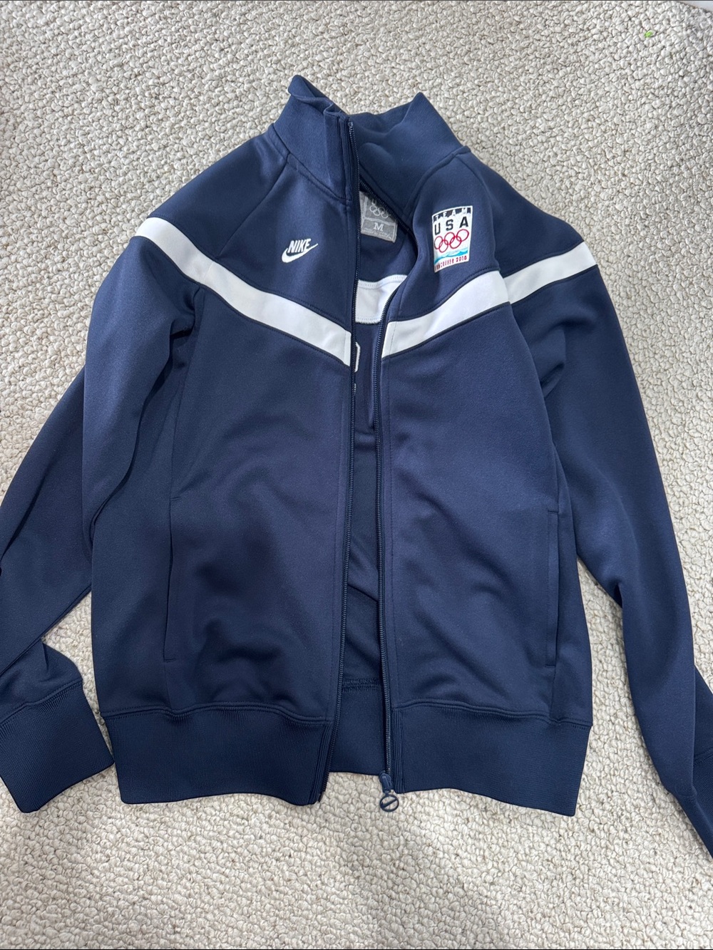Nike Navy Track Jacket with White Chevron Stripe and USA Olympic Patch